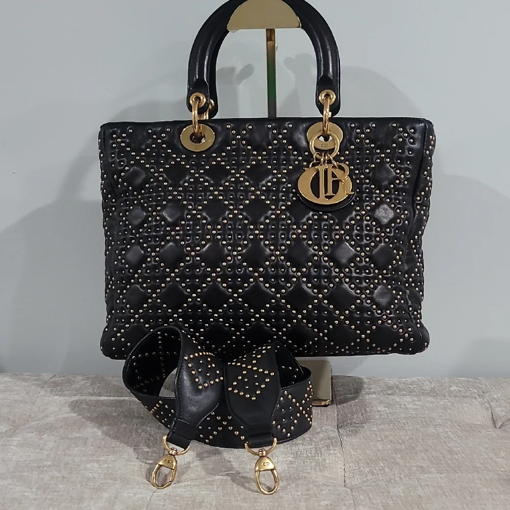 Christain Dior Lady Dior Black Studded Tote Handbag - Picture 1 of 16